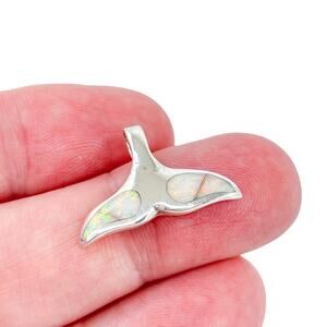 Vintage Sterling Silver 925 Whale Tail Pendant with Opal Inlay